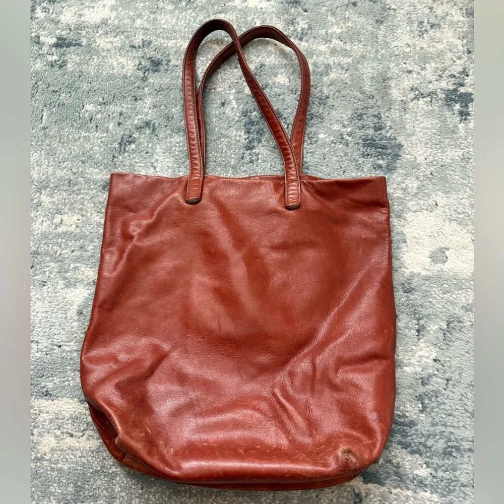 Rare Baggu Distressed Raw Milled Leather Tote, Saddle Brown - Picture 5 of 12